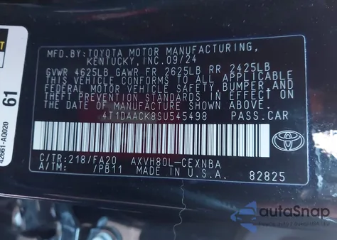 2025 Toyota Camry Le из США, поврежденный, VIN 4T1DAACK8SU545498